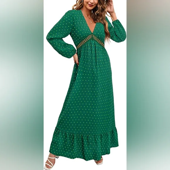 Maxi Dress With Peak-a-boo Women's Long-sleeved Formal Dress Color Green - Picture 1 of 5